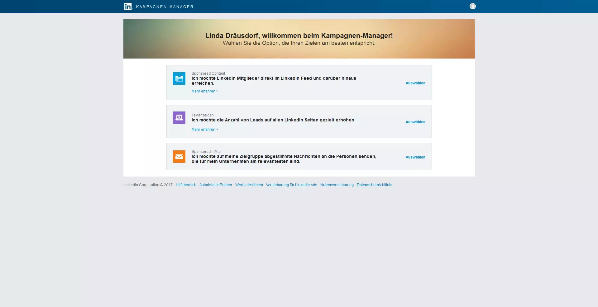 Willkommens-Page des LinkedIn-Kampagnen-Managers