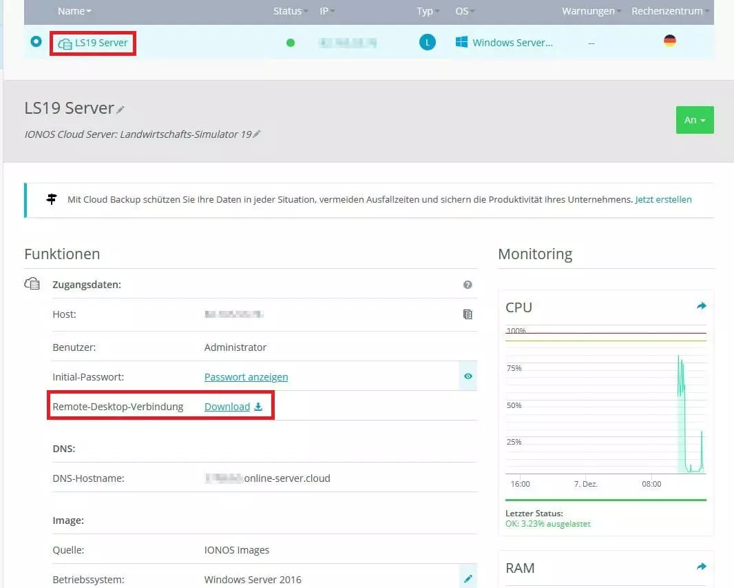 Control Panel für LS19-Server bei IONOS