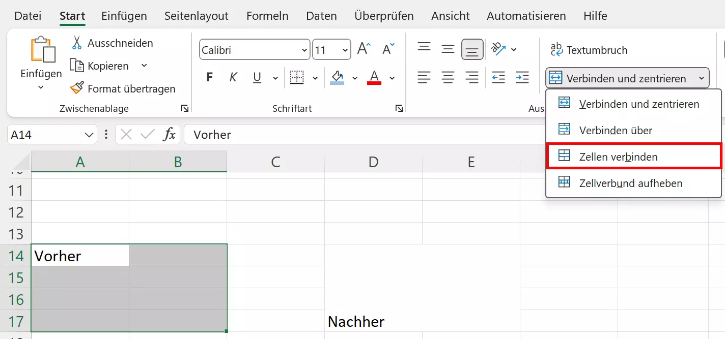 Mit „Zellen verbinden“ Zellen zusammenführen.