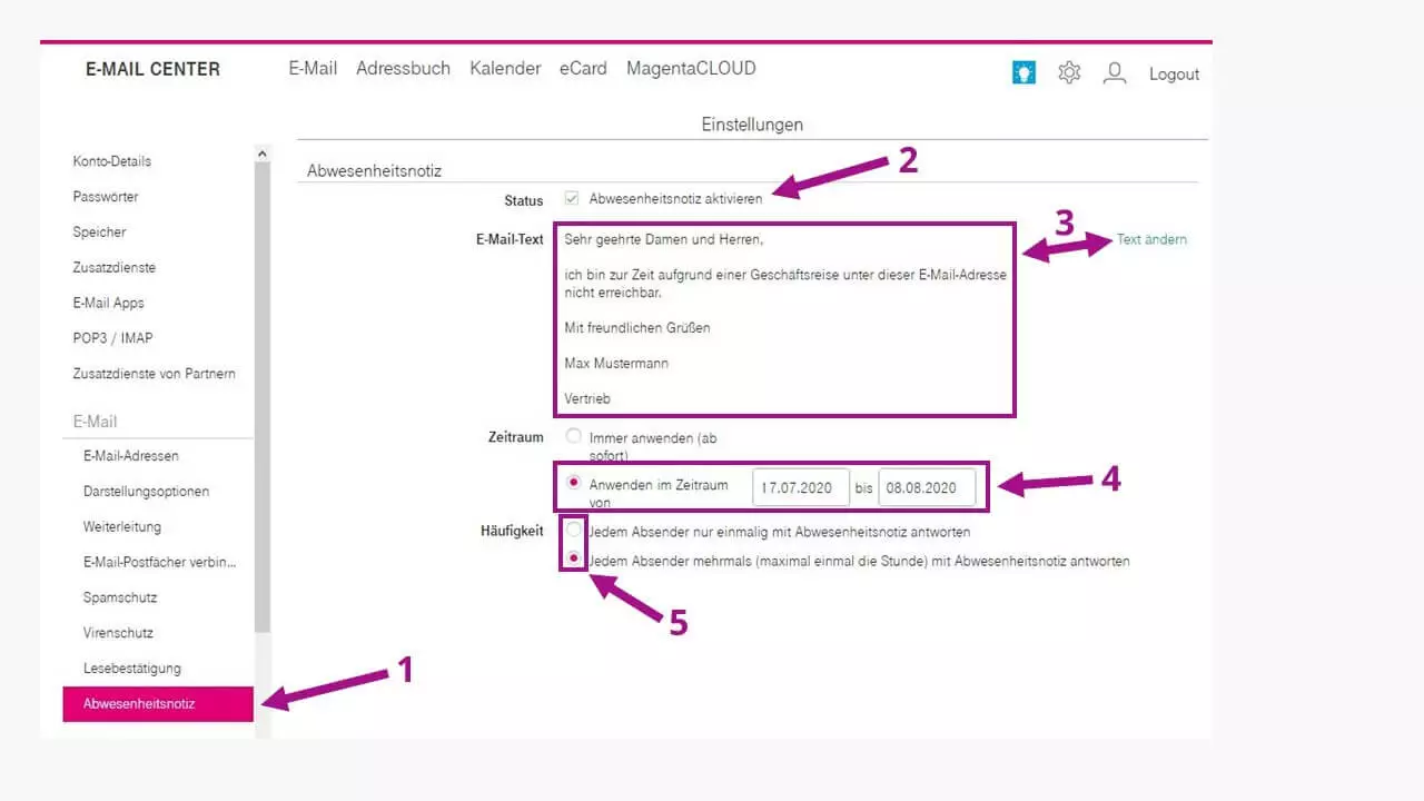 Menü-Einstellungen für die Abwesenheitsnotiz im E-Mail-Center der Telekom