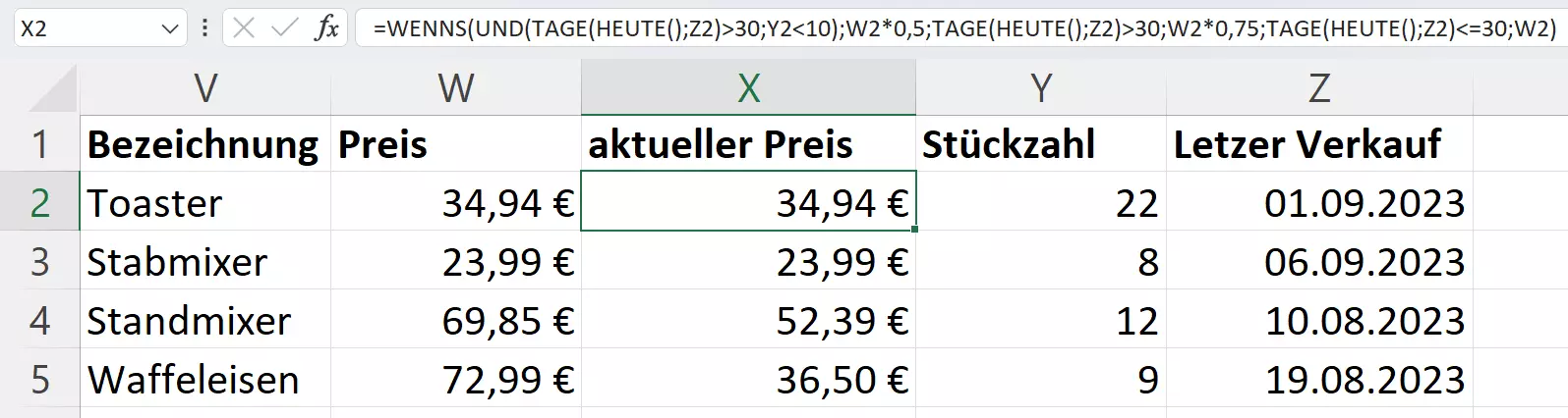 WENNS-Funktion in einer Beispieltabelle