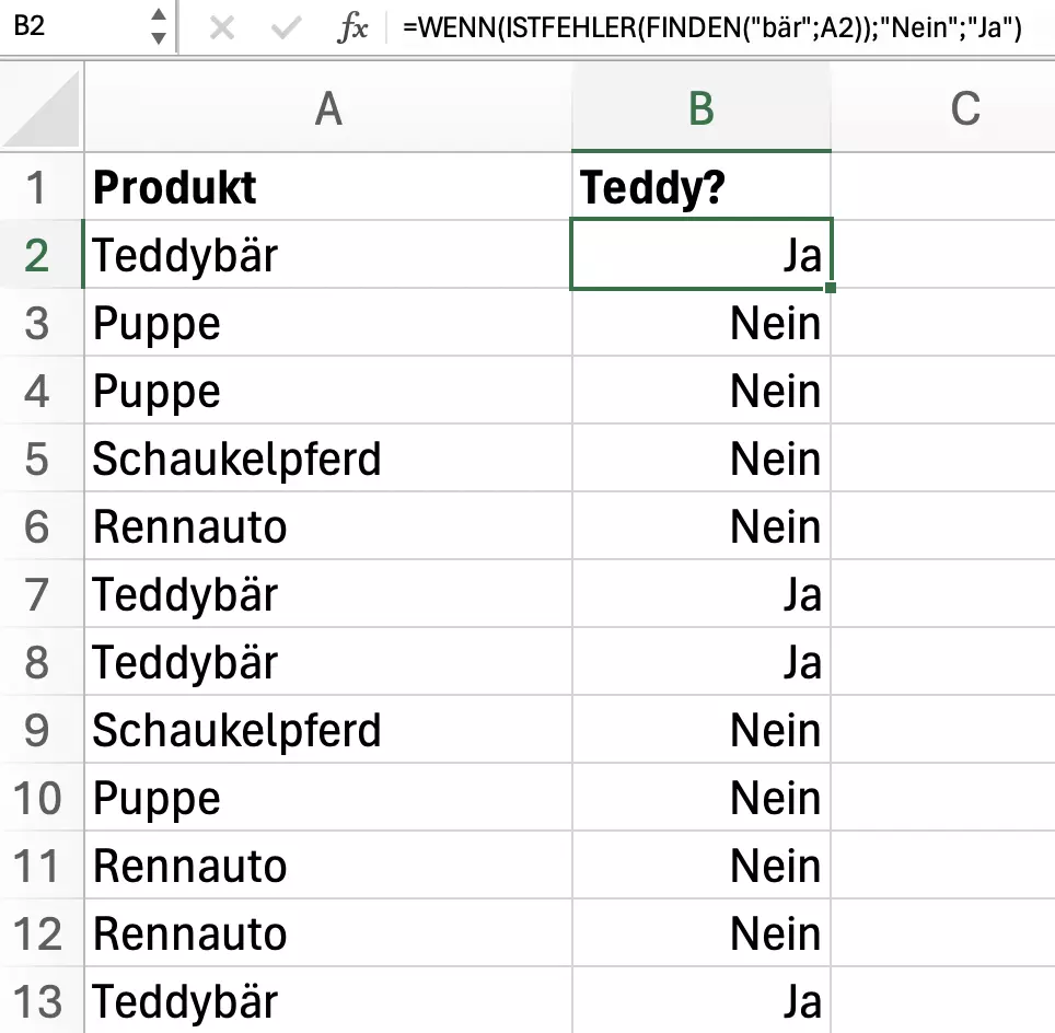 Excel-FINDEN-Funktion in Kombination mit anderen Formeln