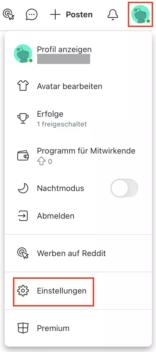 Reddit-Einstellungen öffnen