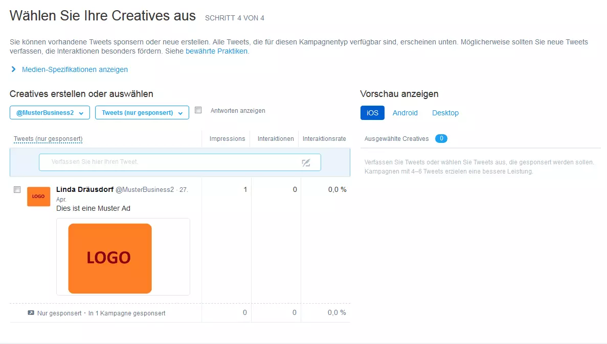 Screenshot der Option „Creatives“ bei der Kampagnenerstellung mit Twitter Ads