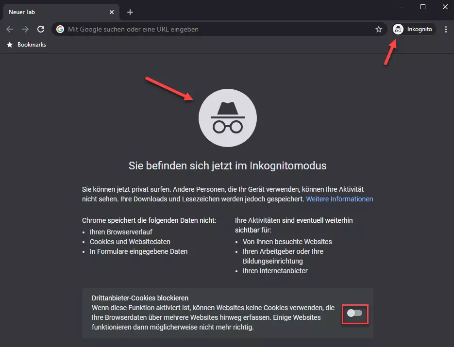 Fenster im Inkognito-Modus von Google Chrome