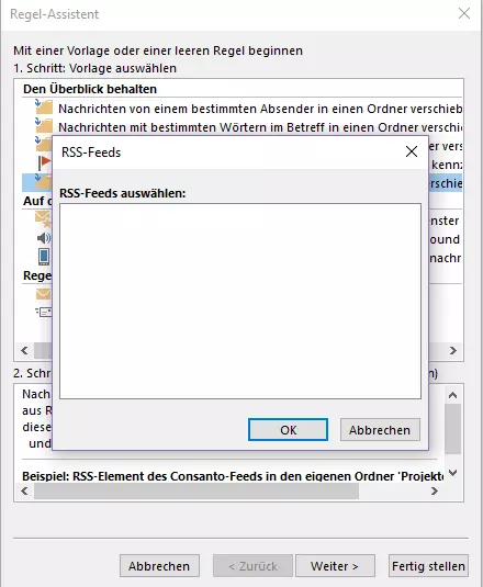Outlook Regel-Assistent: Auswahl des RSS-Feeds