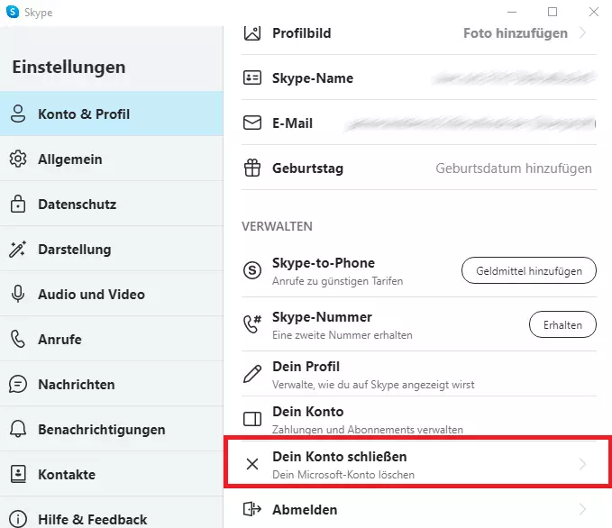 Skype: Menüpunkt „Konto & Profil“