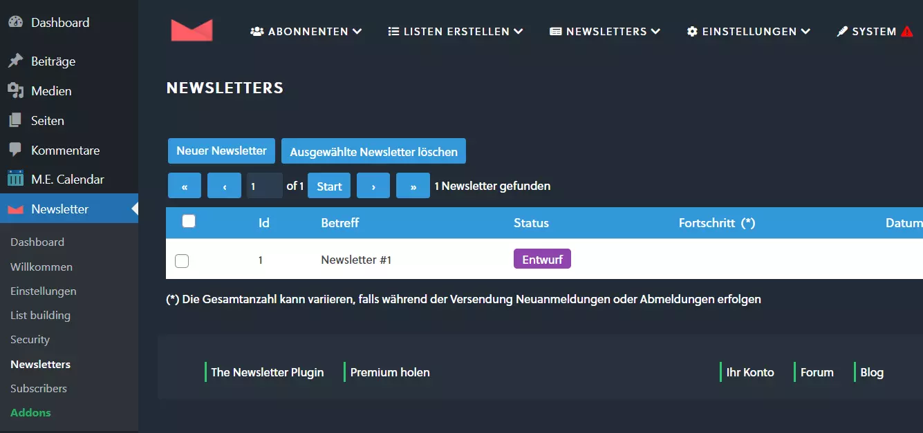 The Newsletter Plugin im WordPress-Backend
