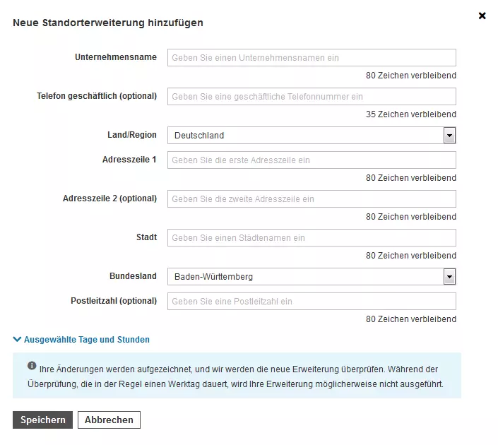 Eingabemaske zur Erstellung einer Standorterweiterung