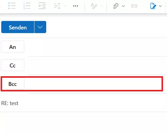 Outlook Web: Useroberfläche mit aktiviertem Bcc-Feld