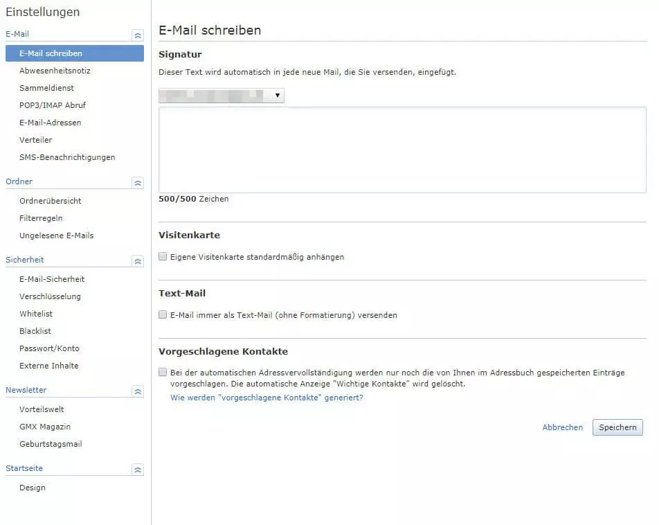 Ausschnitt eines Screenshots der E-Mail-Einstellungen von GMX, auf dem die Signatur-Optionen zu sehen sind