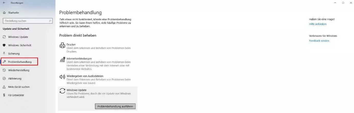 Menü zur Problembehandlung in Windows 10