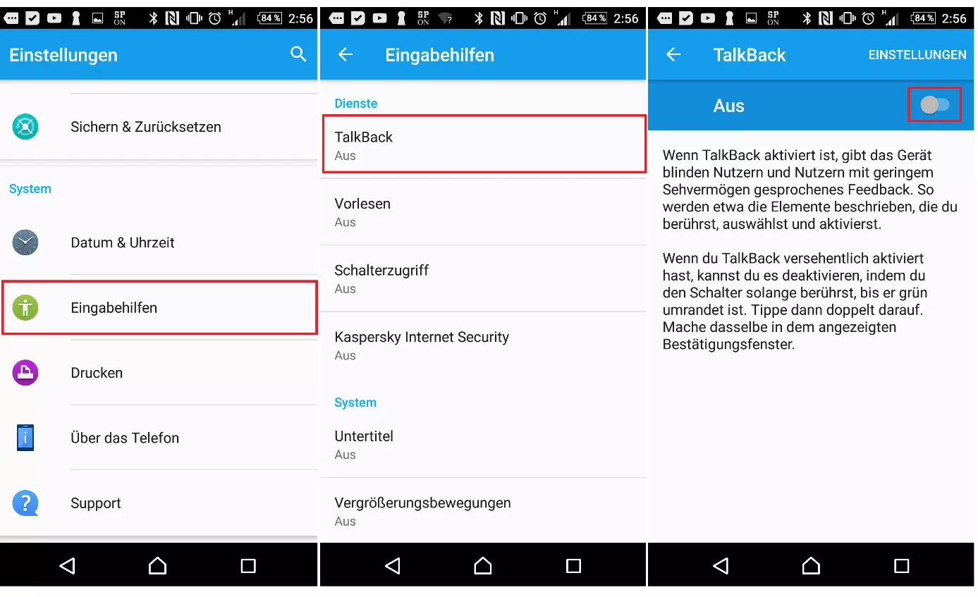 TalkBack in den Systemeinstellungen von Android