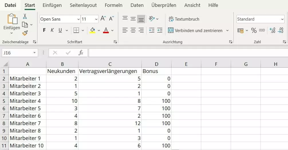 Beispiel-Excel-Tabelle mit Ausgaberesultat