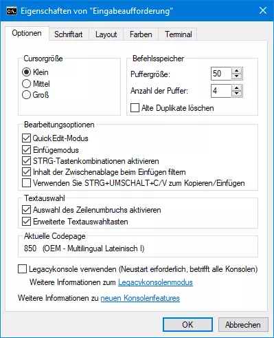 Eigenschaften der Windows-Eingabeaufforderung