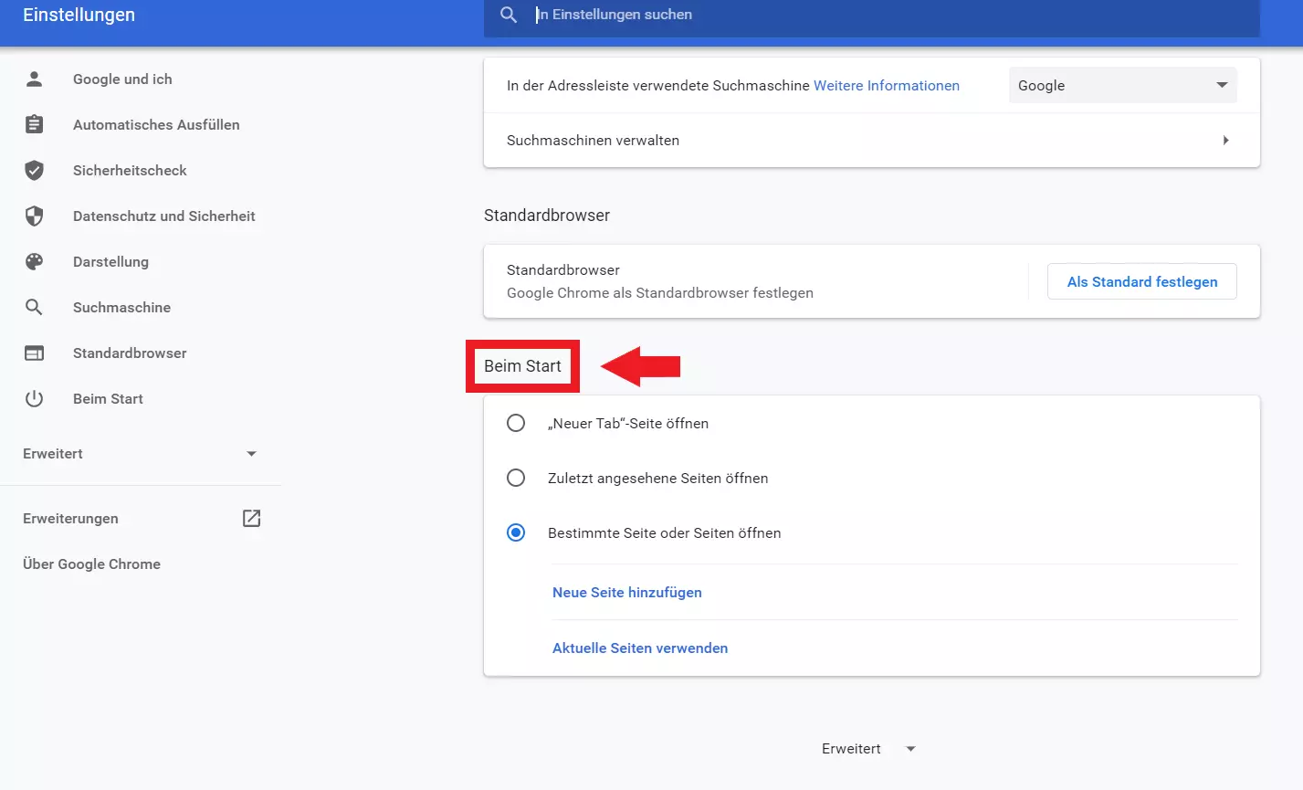Scrollen Sie bis „Beim Start“ und legen Sie hier die gewünschte Google-Chrome-Startseite fest