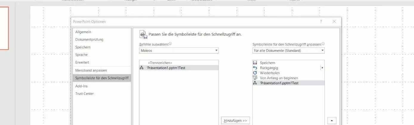 Menü „Symbolleiste für den Schnellzugriff“ in PowerPoint 2016