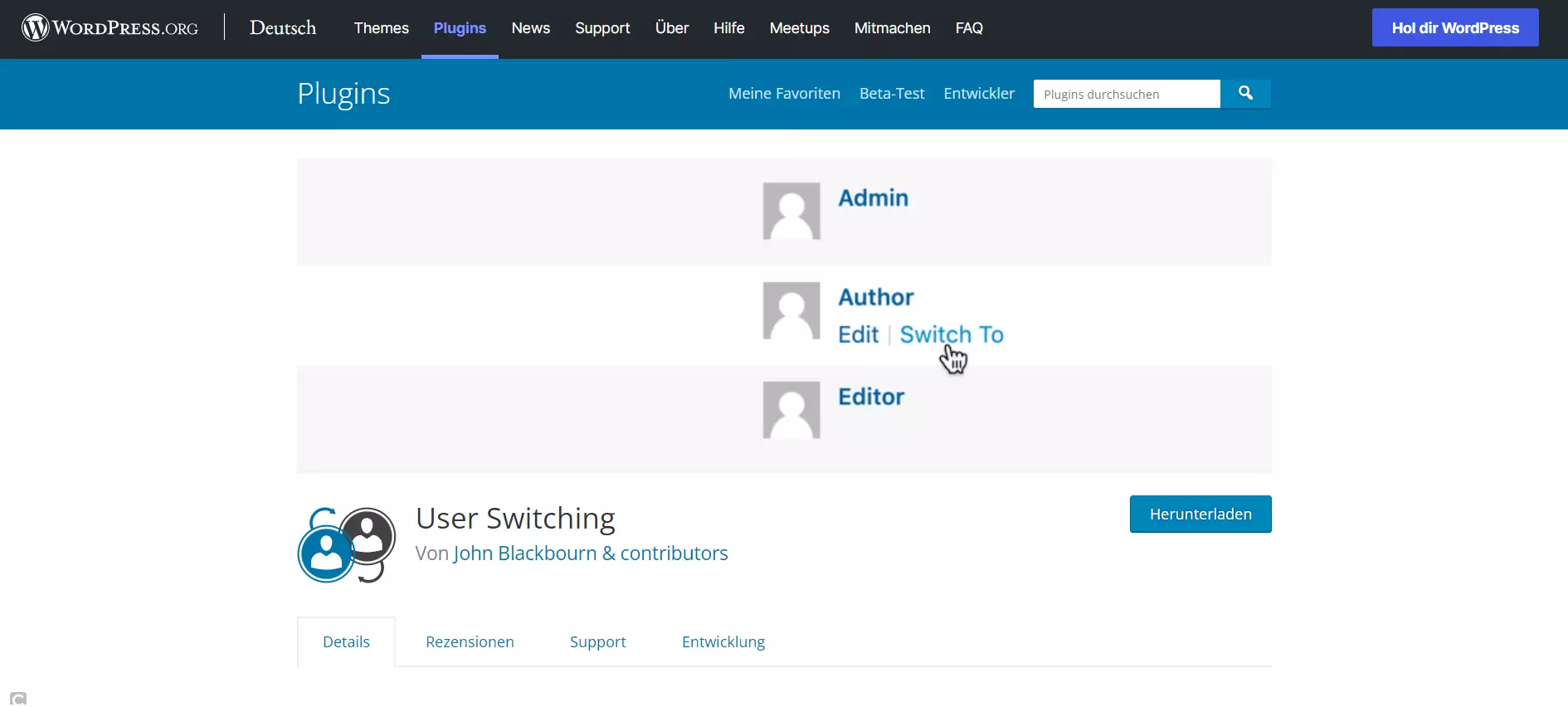 Startseite des WordPress-Plugins User Switching