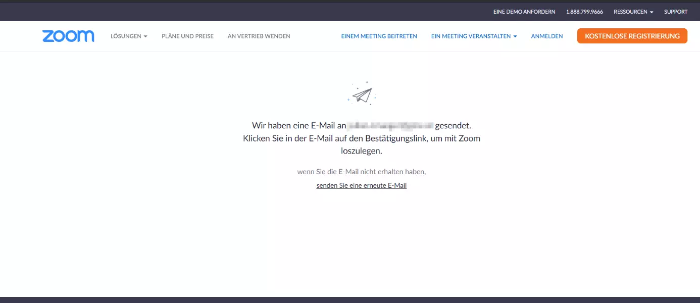 Zoom-Website: Nachricht „Bestätigungslink verschickt“