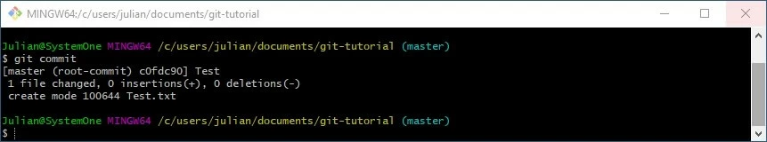 Git-Tutorial: Git-Bash-Ausgabe nach Kommando „git commit“