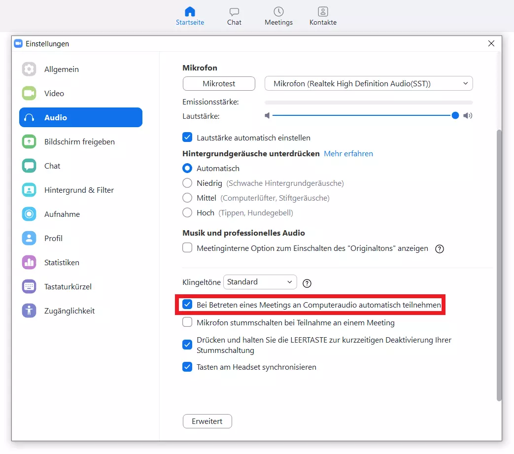 Möglichkeit, die automatische Computeraudio-Verbindung in Zoom zu erlauben