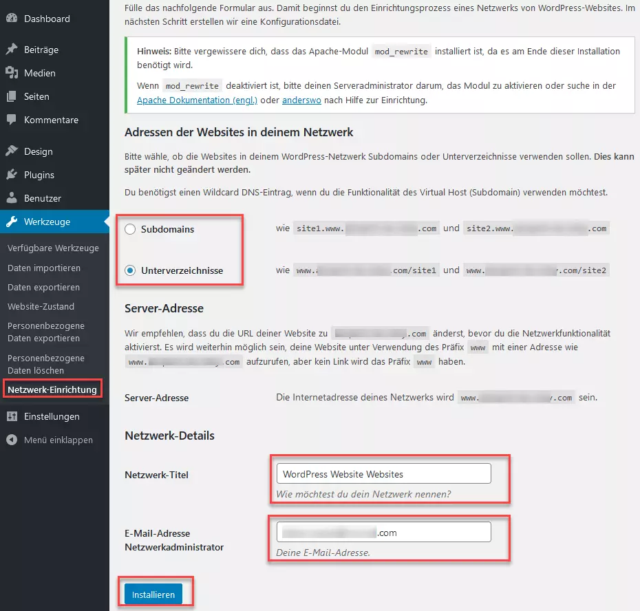 Werkzeuge – Netzwerkeinrichtung: Wahlmöglichkeit zwischen „Subdomains“ und „Unterverzeichnisse“