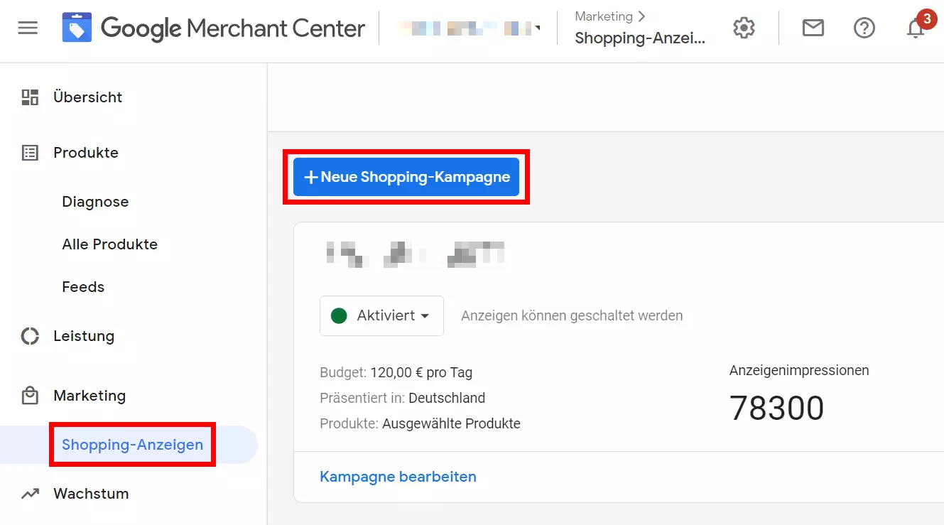 Übersicht der Shopping-Kampagnen mit Option zum Erstellen neuer Kampagnen