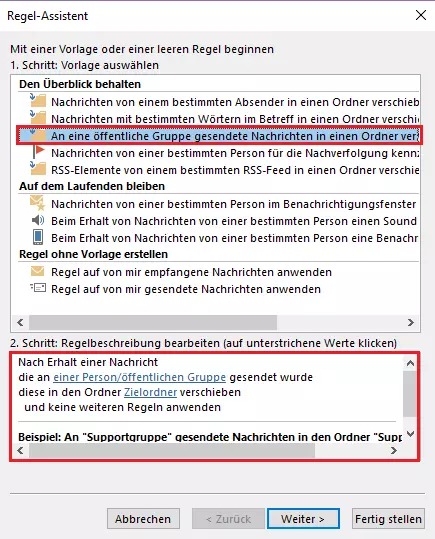 Outlook Regel-Assistent: Auswahl der Regelvorlage