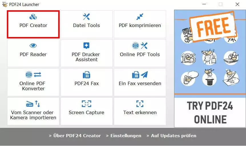 Startoberfläche des Programms PDF24 Creator