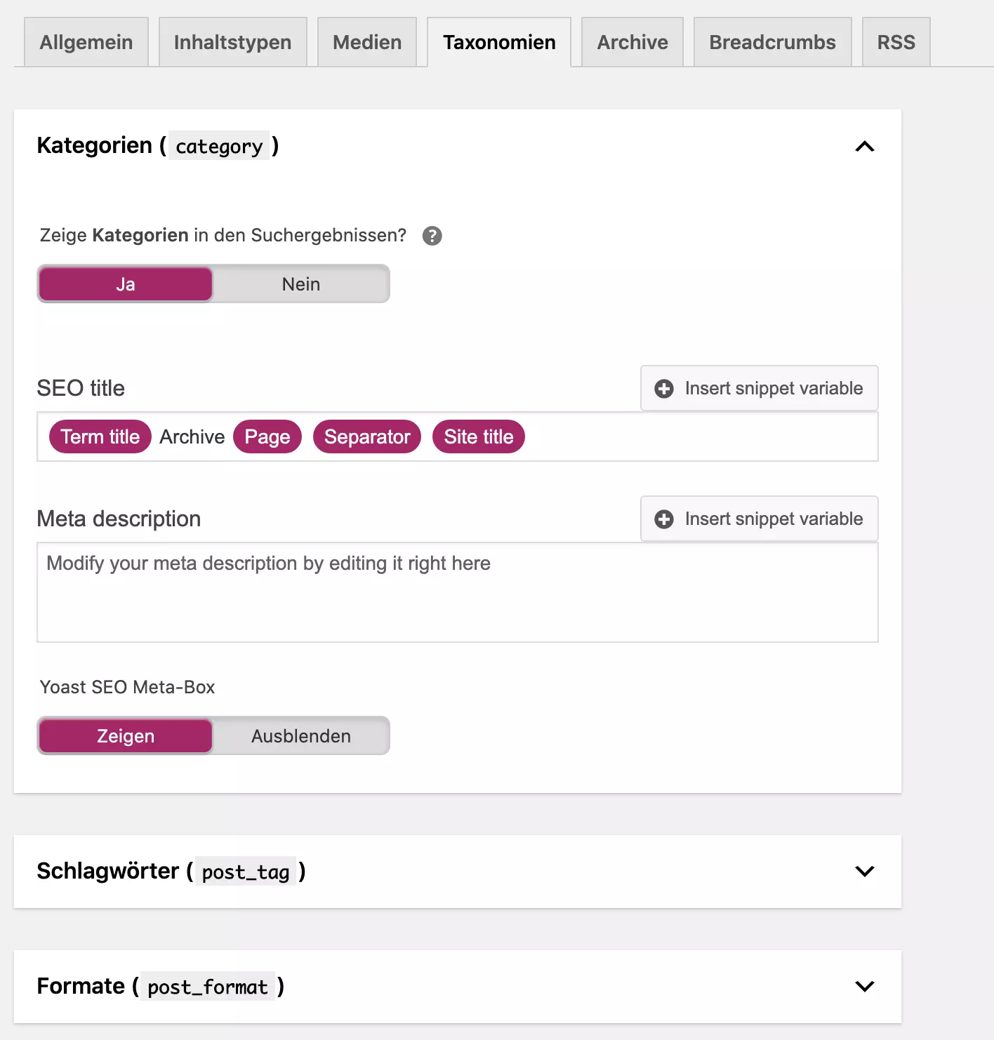 Yoast SEO: „Taxonomien“-Reiter im Menü „Darstellung in der Suche“