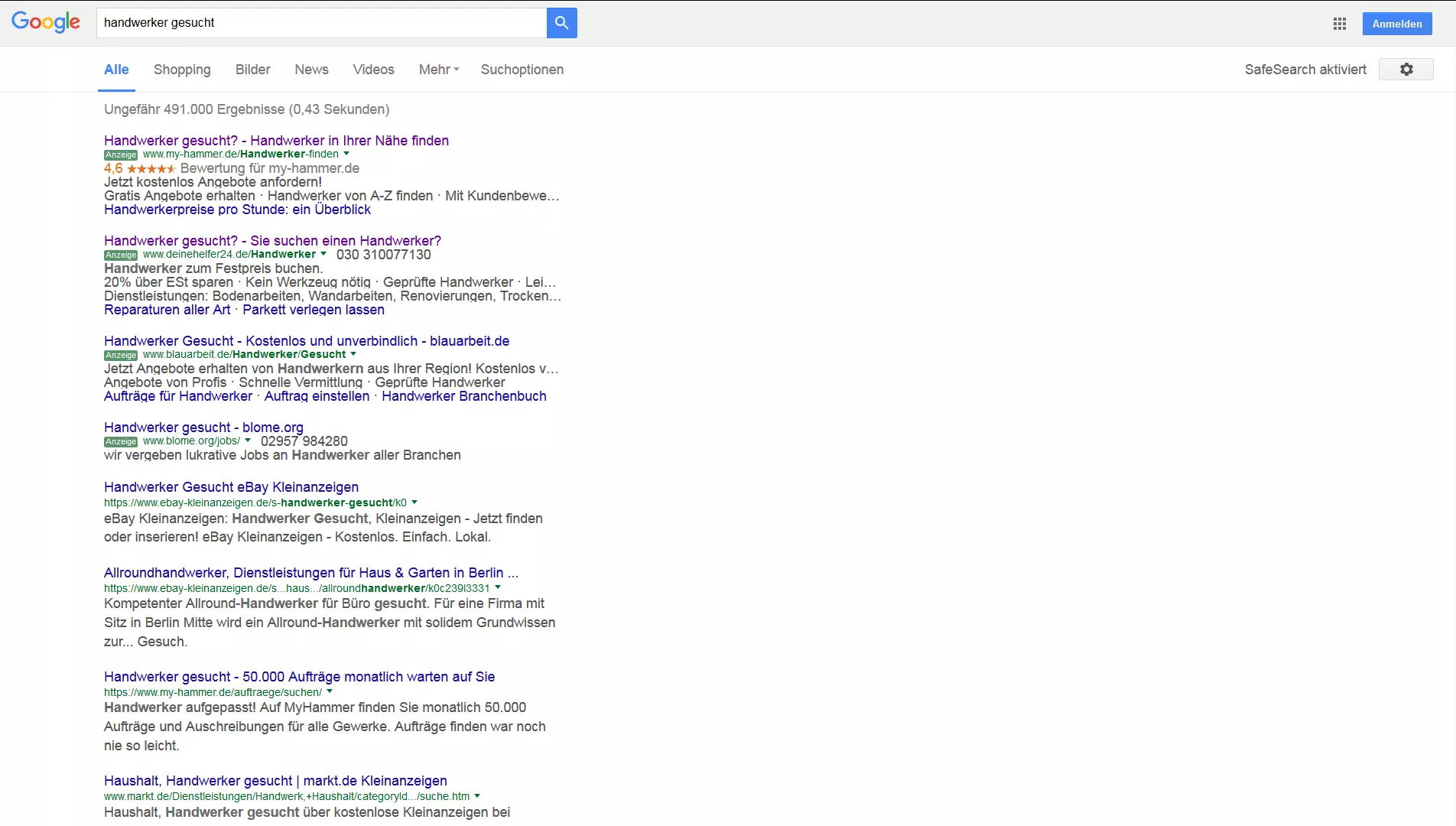 Google-Suche (Browseransicht): „Handwerker gesucht“
