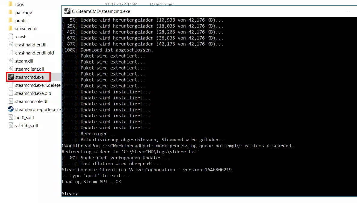 SteamCMD-Installation via Windows-Eingabeaufforderung