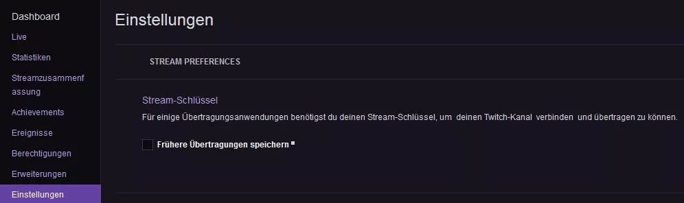 Twitch-Dashboard: Stream-Schlüssel