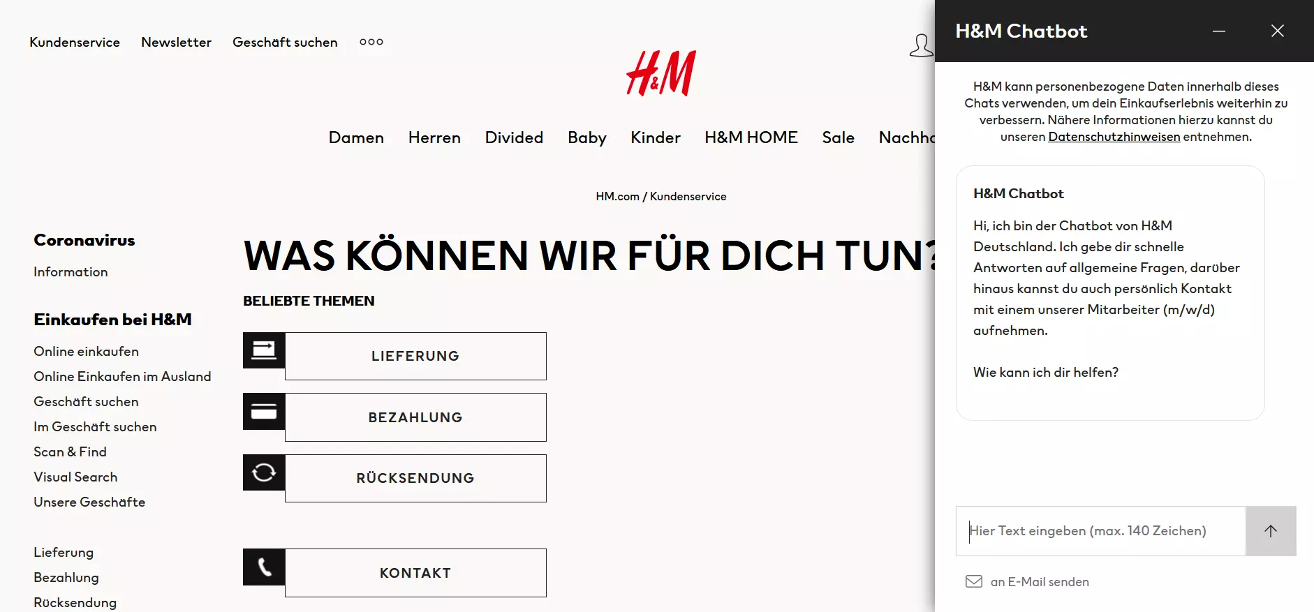 Screenshot der H&M-Kundenservice-Seite mit eingeblendetem Chatbot-Fenster