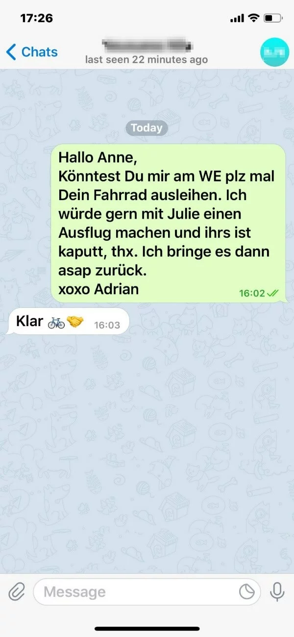 Chat Abkürzungen: Textbeispiel auf dem Bildschirm des Messenger-Dienstes Telegram