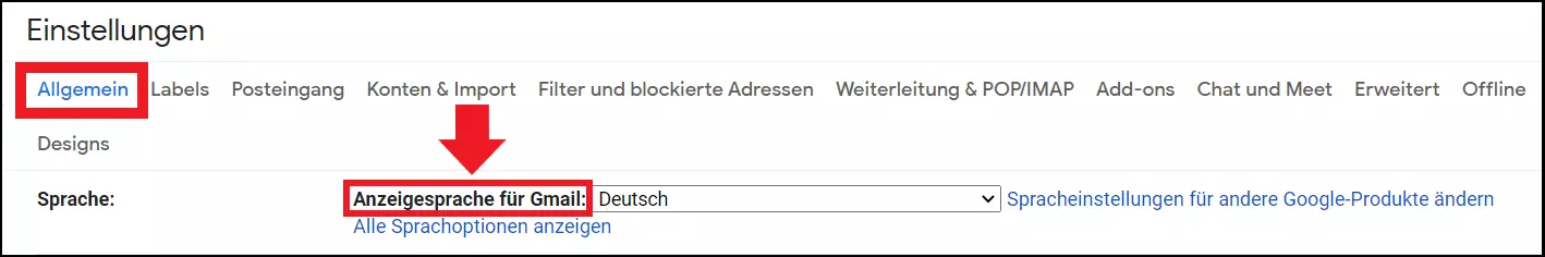 Der Reiter „Allgemein“ und der Punkt „Sprache“ in den Gmail-Einstellungen