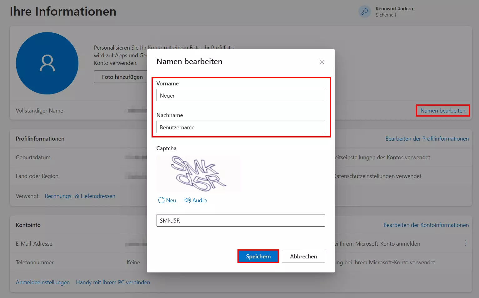 Microsoft-Konto: Namen bearbeiten
