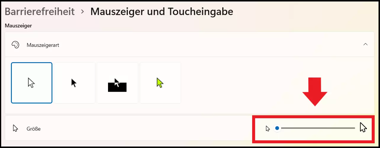 Der Schieberegler für die Größeneinstellung des Mauszeigers