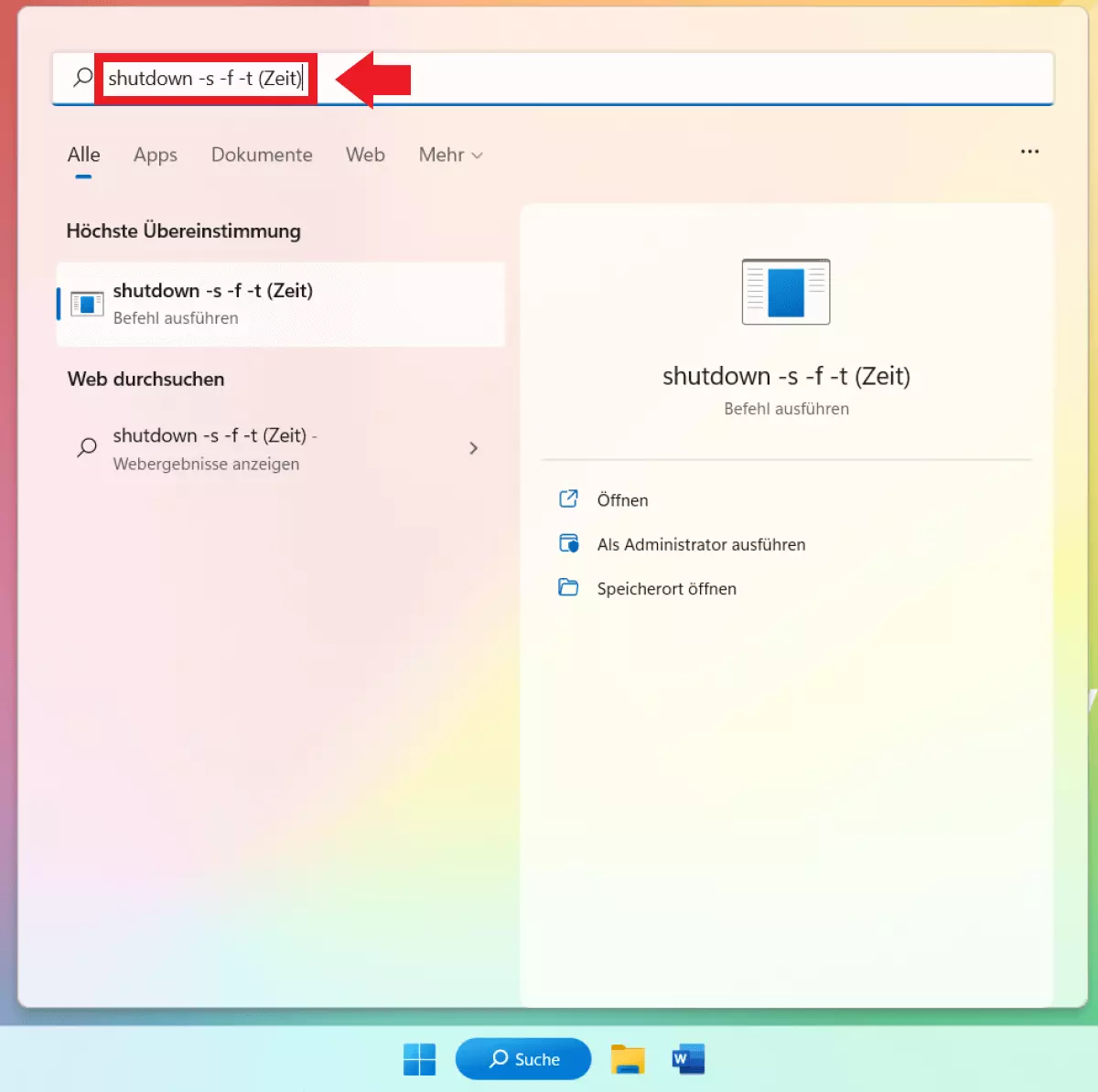 Der Shutdown-Befehl in der Suchzeile von Windows 11