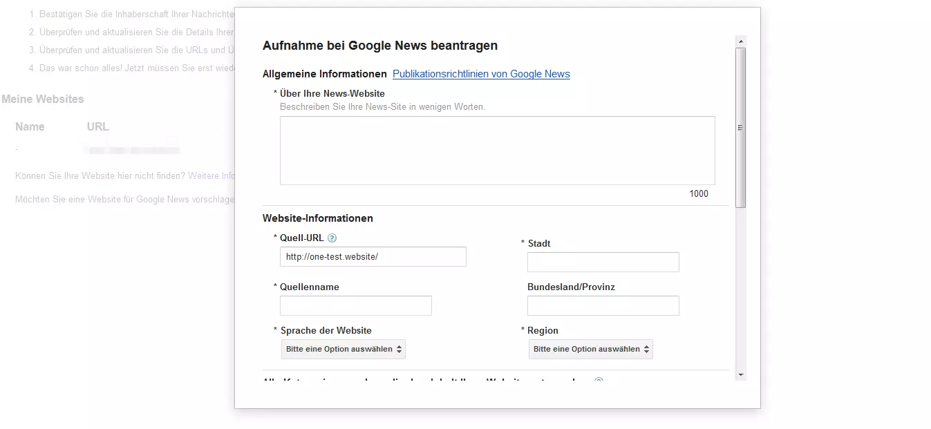 Anmeldeformular von Google News – Teil 1