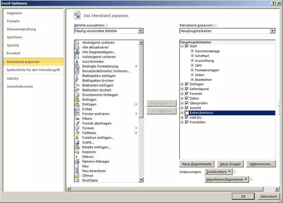 Excel-Optionsmenü: Menüband anpassen