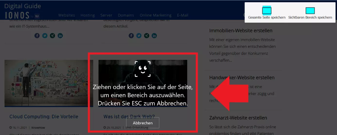 Screenshot-Schaltfläche in Mozilla Firefox