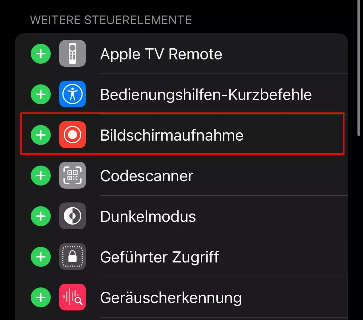 iOS-Steuerelemente: Bildschirmaufnahme