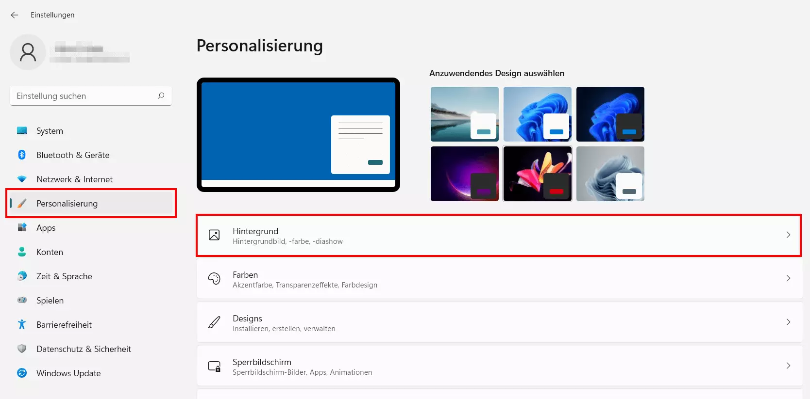 Windows-11-Menü „Personalisierung“