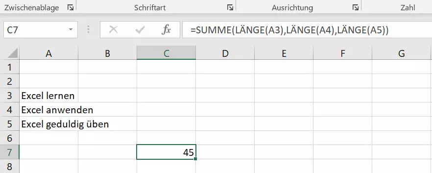 Excel: LÄNGE- und SUMME-Funktion im Paket