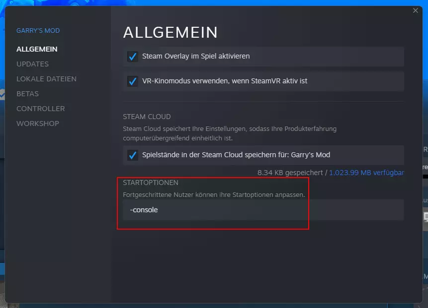 Steam: Startoptionen für Garry’s Mod festlegen