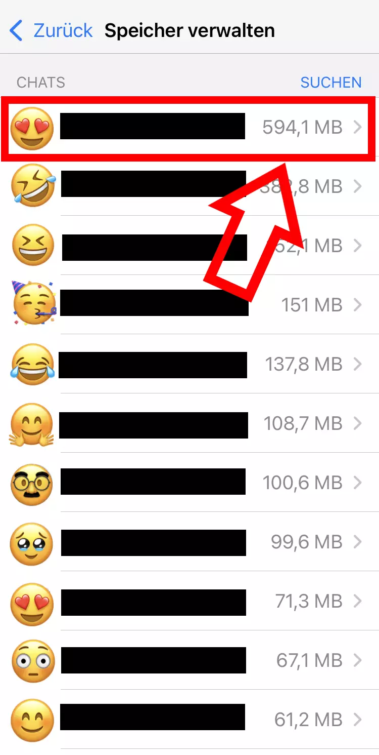 iPhone-Screenshot der WhatsApp-Speicherverwaltung mit Fokus auf den ausgetauschten Datenmengen in Chats
