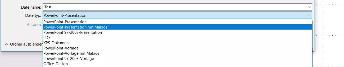 Dateityp-Auswahl in PowerPoint 2016