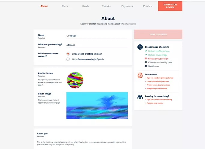 Backend der Patreon-About-Seite mit Nutzername, Spendenziel und Profilbild