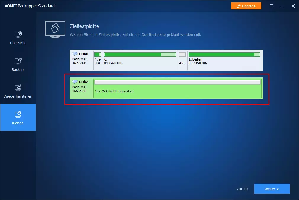 AOMEI Backupper Standard: Menü zur Auswahl Zielfestplatte